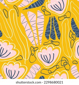 Modern floral vector seamless pattern. Colorful abstract flowers trendy background. Simple shapes hand drawn flowers repeatable backdrop