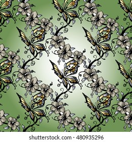 Modern floral vector seamless pattern background wallpaper illustration with vintage decorative elegant black and white gold and silver butterflies flowers and ornaments on the light green  background