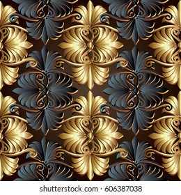 Modern floral  vector seamless pattern background wallpaper illustration with vintage 3d gold and black flowers  and antique ornaments. Elegant surface  3d flowers with shadows and highlights