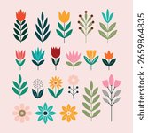Modern floral vector set featuring minimalist flowers and leaves in bright pastel tones. Perfect for spring-themed designs, greeting cards, digital scrapbooking, and decor.