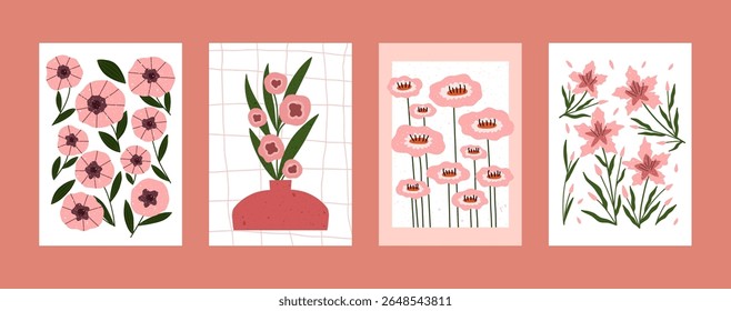 Modern floral wall art set in soft pink and green tones. Hand drawn botanical illustrations with simple flowers, vases, and stems. Elegant and minimalistic design for home decor or nursery room.