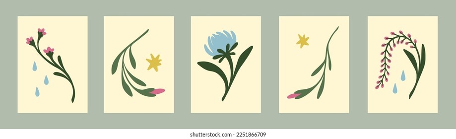 Muros de arte florido modernos. Afiches interiores minimalistas con flores abstractas, estrellas, plantas suaves de estilo contemporáneo. Fotos decorativas, obras de arte para la decoración. Ilustraciones vectoriales planas