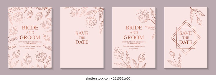 Modern Floral Wedding Invitation Or Card Templates For Business Or Presentation Or Banner Or Birthday Greeting With Rose Gold Flowers On A Pink Background.