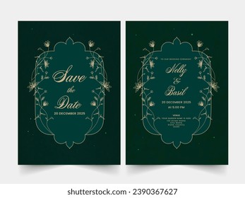 Modern Floral Wedding Invitation Cards with Venue Details in Green Color.