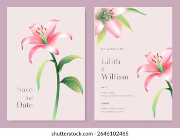 A modern floral wedding invitation design featuring delicate pink lily flowers, soft gradients and elegant typography. Ideal for romantic events, summer weddings or printable invitations sets.