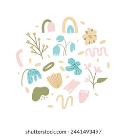 Modern floral wildflowers. Hand drawn flowers and abstract shapes circle composition. Botanical nature spring elements round emblem in doodle style. Vector illustration isolated on white background.