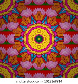 Modern flourish orange, pink and yellow vector background wallpaper illustration with vintage line art tracery paisley flowers, flowery ornaments. Floral hand drawn seamless pattern.