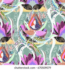 Modern flourish vector background wallpaper illustration with vintage line art tracery paisley flowers, flowery ornaments. Floral hand drawn seamless pattern.