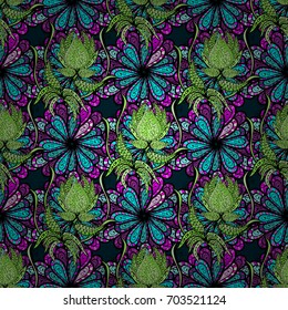Modern flourish vector background wallpaper illustration with vintage line art tracery paisley flowers, flowery ornaments. Floral hand drawn seamless pattern.