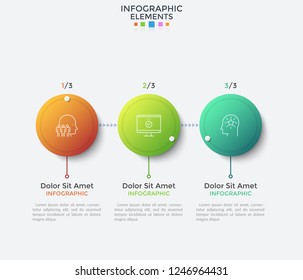 Modern flowchart with 3 gradient colored circular elements connected by arrows. Vector illustration in clean style for business presentation, startup development process stages visualization.