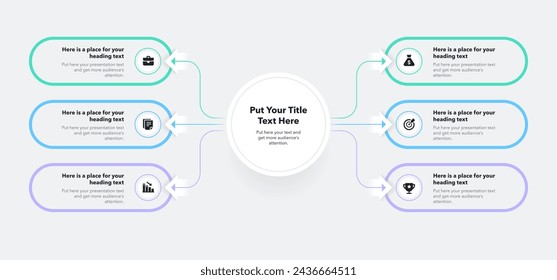Modern flowchart infographic with central circle and six colorful options. Simple flat presentation diagram with icons and places for your texts.