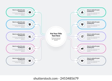 Modern flowchart infographic with central circle and ten colorful options. Simple flat presentation diagram with icons and places for your texts.