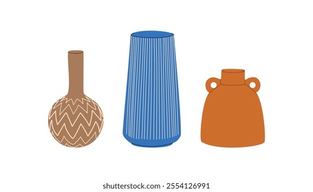 Modern flower ceramic vases. Trendy style pottery, clay pots set. Boho home interior decor, unique vessel decorations of various shapes. Flat vector illustration isolated on white background.