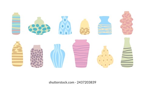 Modern flower colorful vases set. Pottery and ceramics. Empty vessels designs of different shapes and forms in trendy style  isolated on white background.. Flat vector illustration 

