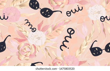 Modern flower fashionable pattern. Creative collage contemporary floral pattern. Sign "OUI".