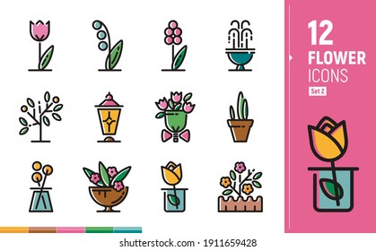 Modern flower icons. Contour icons in flat style. Colored flat icons. Garden flowers, Floristics