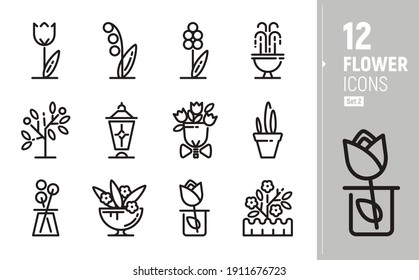 Modern flower icons. Contour icons in flat style. Solid flat icons. Garden flowers, Floristics