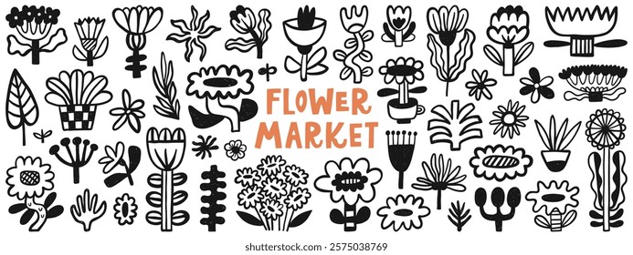 Modern flower market collection with hand-drawn floral elements. Blossom botanical vector set for decor, easter, sticker, clipart, print