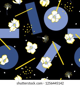Modern Flower mixed with geometric seamless pattern design oriental mood design for fashion , fabric, wallpaper and all prints on black background color