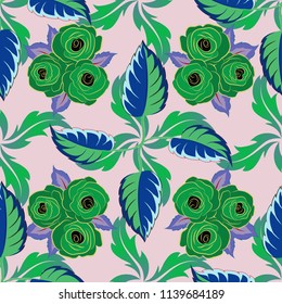 Modern flower pattern with royal flower. Colored orient pattern in blue, yellow and green colors. Seamless floral ornament.