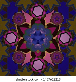 Modern flower pattern with royal flower. Colored orient pattern in brown, blue and purple colors. Seamless floral ornament.