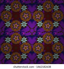 Modern flower pattern with royal flower. Colored orient pattern in purple, blue and brown colors. Seamless floral ornament.