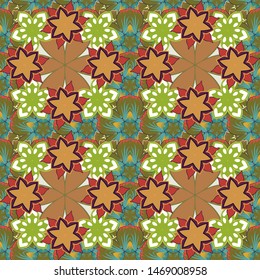 Modern flower pattern with royal flower. Colored orient pattern in brown, orange and green colors. Seamless floral ornament.