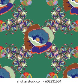 Modern flower pattern with royal lilies. Colored orient pattern in blue and green colors. Seamless floral ornament.