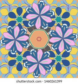 Modern flower pattern with royal flower. Seamless floral ornament. Colored orient pattern in beige, blue and yellow colors.