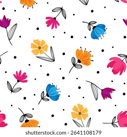 modern flower pattern in scandinavian style – abstract floral seamless design with colorful petals and polka dots for fabric, wallpaper, print