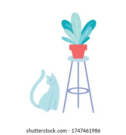 modern flower pot and cat located in the livingroom vector illustration design