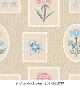 Modern flower seamless background. Plumeria, peony and centaury chintz pattern. Floral repeat cover. Farmhouse continuous ornament. Surface pattern digital textile design wildflower motif. Vector hand