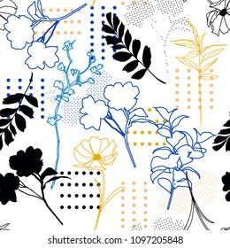 Modern flower seamless pattern vector silhouette outline mix with polka dots and hand drawn sketch for fashion fabric and all prints on white background.
