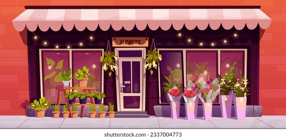 Fachada moderna de una floristería en la calle de la ciudad. Dibujo vectorial de una boutique floral urbana, tienda de regalos con grandes ventanas, tienda de rayas por encima de la puerta, bolsitas con jarrones, macetas con flores en una estantería