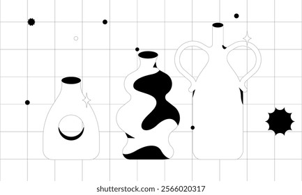 Modern flower vases. Fashionable style of ceramics, empty set of ceramic pots. Stylish home interior, unique decorations of vessels of various shapes. Flat vector illustration on a white background