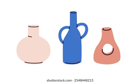 Modern flower vases. Trendy style pottery, empty ceramic pots set. Stylish home interior decor, unique vessel decorations of various shapes. Flat vector illustration isolated on white background