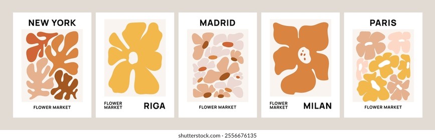 Modern flowers cards. Abstract botanical shapes. Trendy minimal Matisse style. Floral compositions. Hand drawn blooming plants. Blossom market poster. Organic print