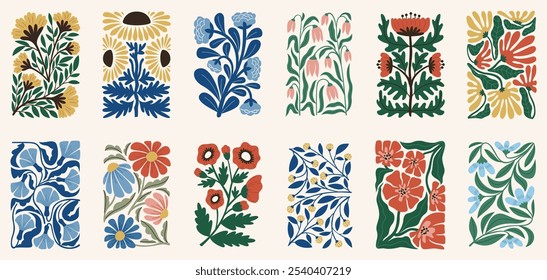 Modern flowers. Decorative contemporary plants, Matisse style botanical elements, abstract shapes, trendy composition, covers or prints ornament design, daisy and tulip tidy vector isolated set