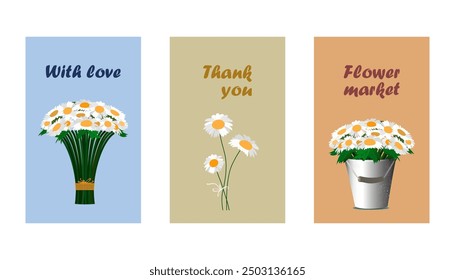 Modern Flowers illustrations. Chamomile, daisies, flat style design, bright and colorful flowers. Prints, posters, cards. Vector illustrations