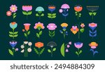 Modern Flowers illustrations. Geometric, flat style design, folk motif, bright and colorful flowers. Prints, posters, cards. Vector illustrations