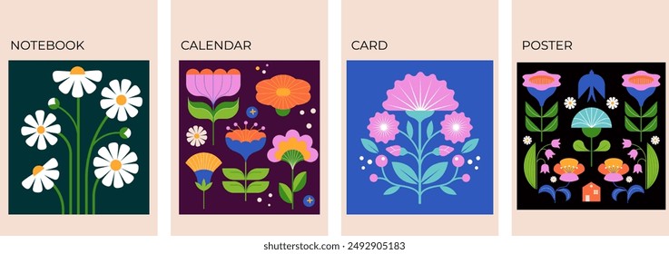 Modern Flowers illustrations. Geometric, flat style design, folk motif, bright and colorful flowers. Prints, posters, cards. Vector illustrations