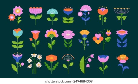 Ilustraciones de flores modernas. Diseño geométrico, de estilo plano, motivo folclórico, flores brillantes y coloridas. Huellas, carteles, tarjetas. Ilustraciones vectoriales