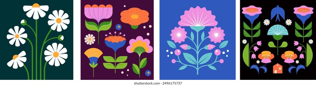 Modern Flowers illustrations. Geometric, flat style design, folk motif, bright and colorful flowers. Prints, posters, cards. Vector illustrations