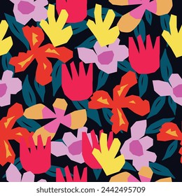 Modern flowers and plants illustration pattern. Creative collage contemporary floral seamless pattern. Fashionable template for design.