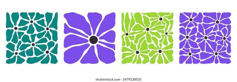 Modern flowers posters. Abstract floral design, contemporary square shaped blooming flowers design flat vector illustration set. Trendy botanical elements