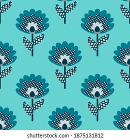 Flores modernas de estilo escandinavo. Patrón sobre fondo azul para textil, tela, papel pintado, fondo, papel de embalaje, tela.