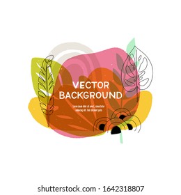 Modern fluid blobs layout with hand drawn elements. Floral motif paint splashes in abstract banner with copy space. Overlapping wavy and leaf shapes template for cover, landing, apparel, blog, card