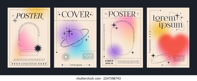 Modern fluid gradient posters and linear forms   sparkles  Trendy minimalist aesthetic print with line arch frames  stars and blurred pastel gradient background vector poster template set