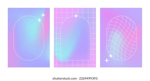 Modern fluid gradient posters with linear forms and sparkles. Trendy minimalist brutalism aesthetic print with line arch frames, stars and blurred holographic background vector poster template set.