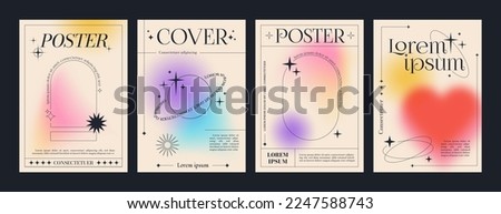 Modern fluid gradient posters with linear forms and sparkles. Trendy minimalist aesthetic print with line arch frames, stars and blurred pastel gradient background vector poster template set Foto d'archivio © 